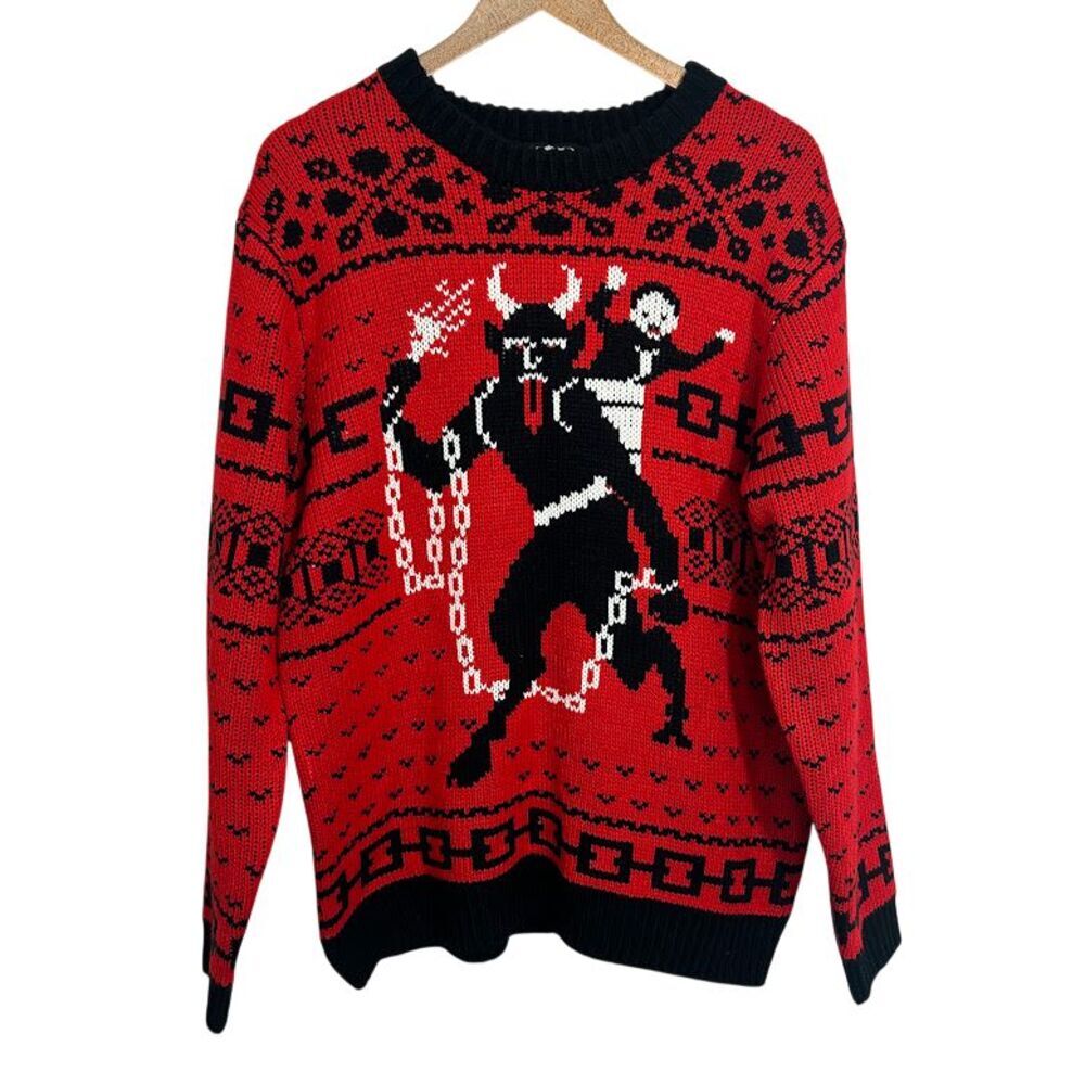 MOB Krampus Ugly Christmas Sweater Mens L Red Black Middle Of Beyond